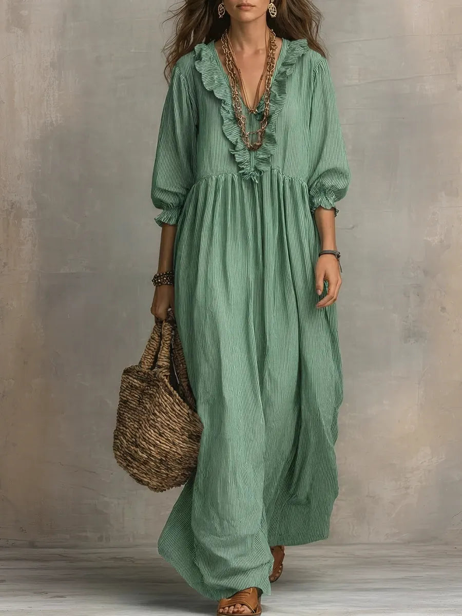 Women's Striped Maxi Dress - Casual Ruffled Vacation Dress