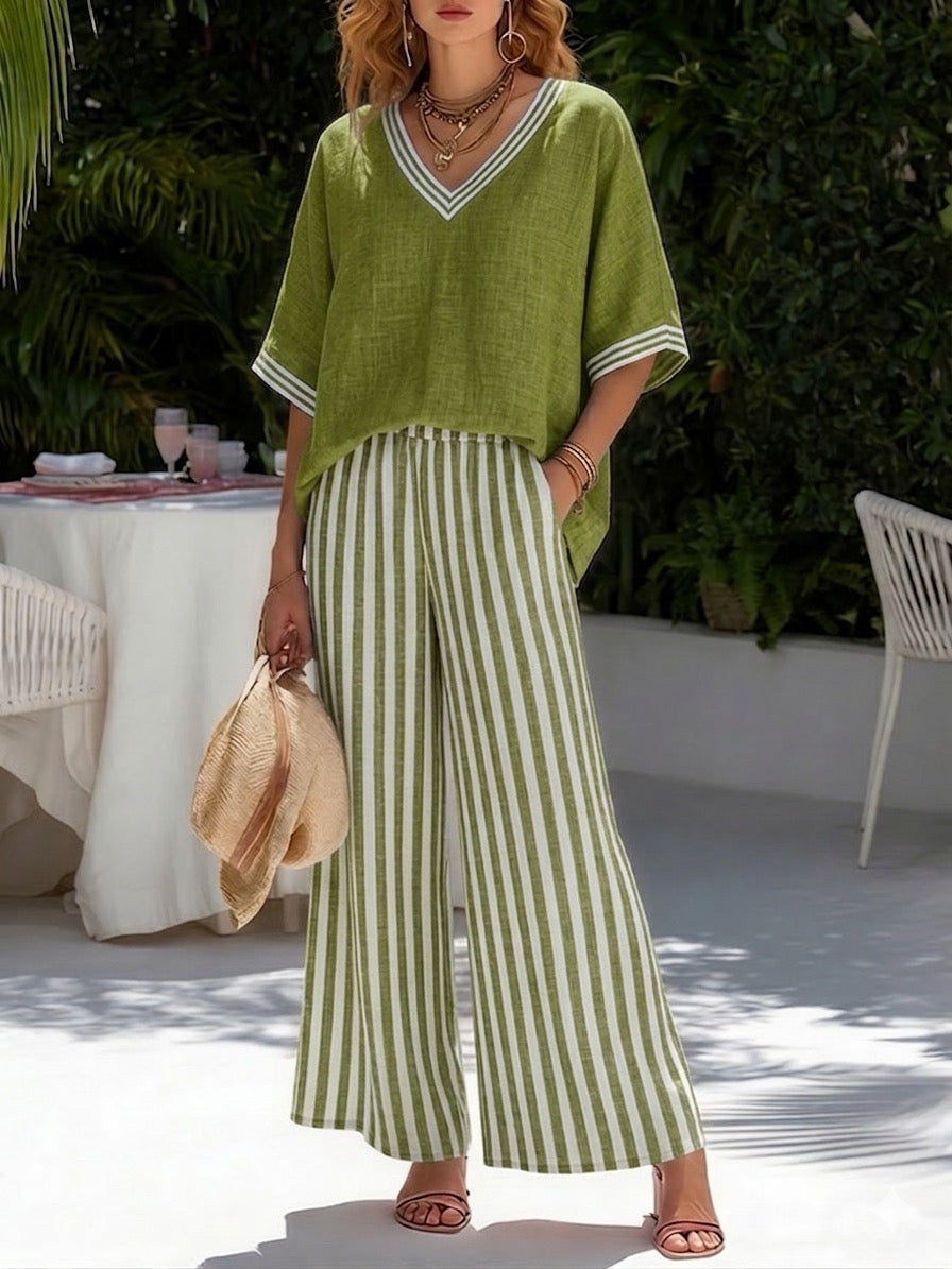 Women's Striped Linen Cotton Set - Casual Top and Trousers Outfit