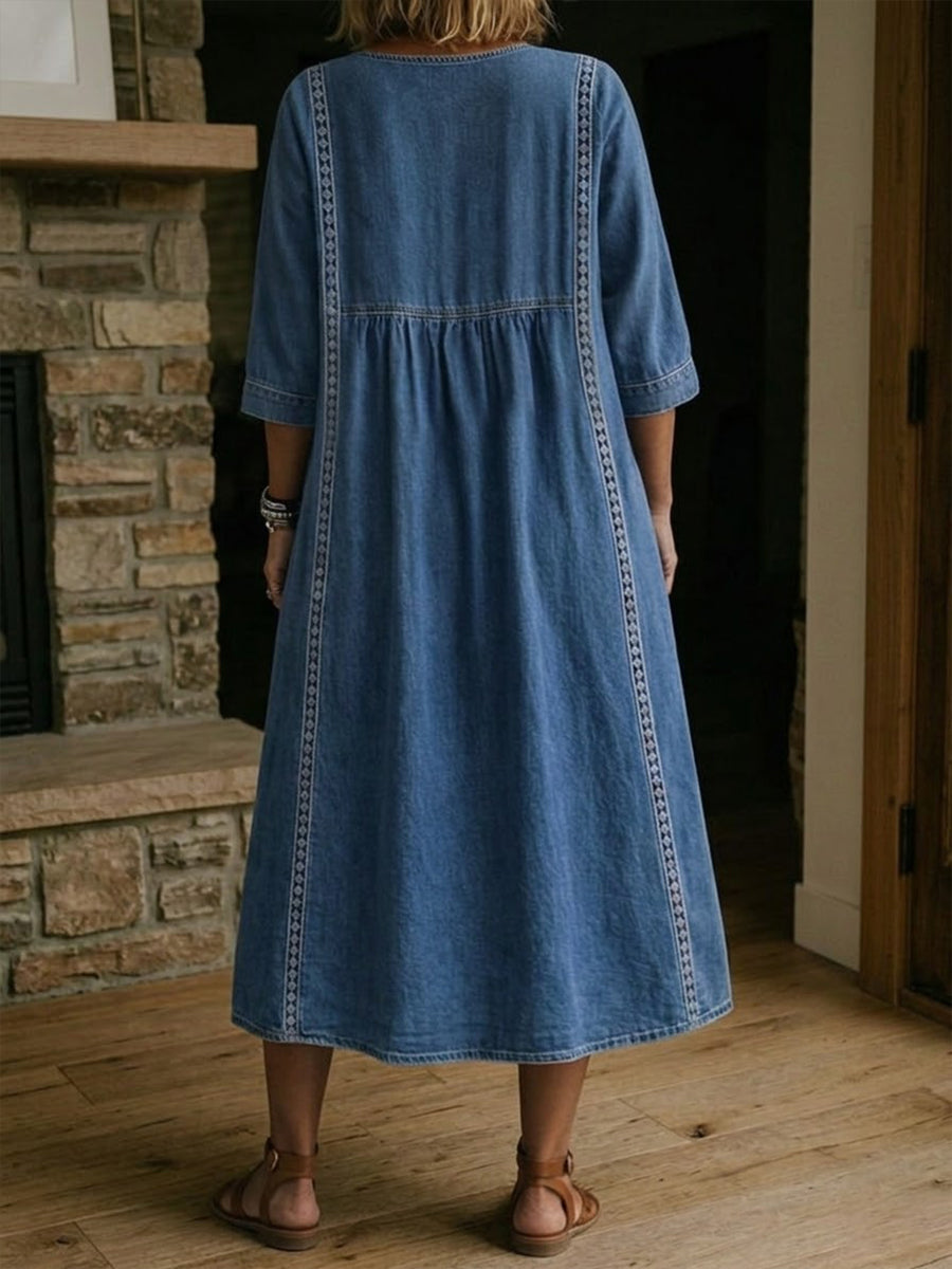 Women's Lace Trim Denim Dress - Casual Vintage Summer Dress