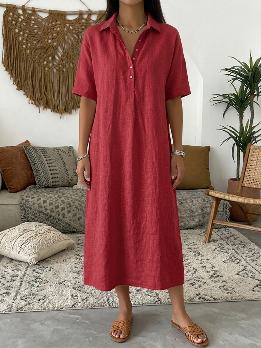 Women's Cotton Linen Polo Dress - Casual Short Sleeve Summer Dress
