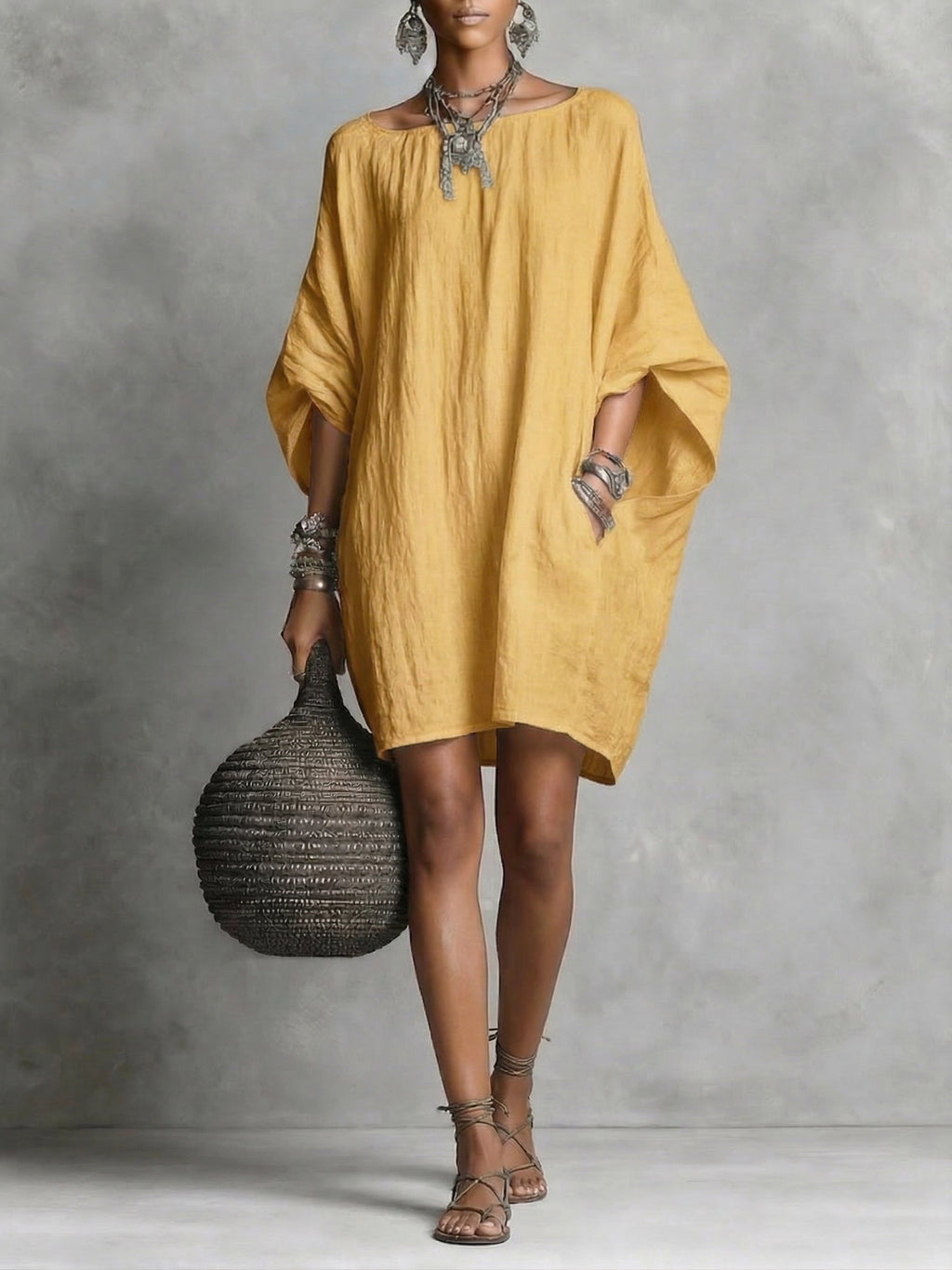 Women's Cotton Linen Dress - Casual Summer Midi Dress