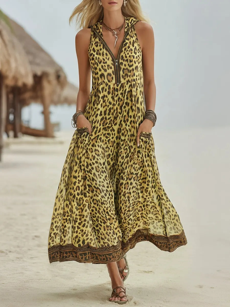 Women's Leopard Print Hooded Dress - Casual Midi Vacation Dress