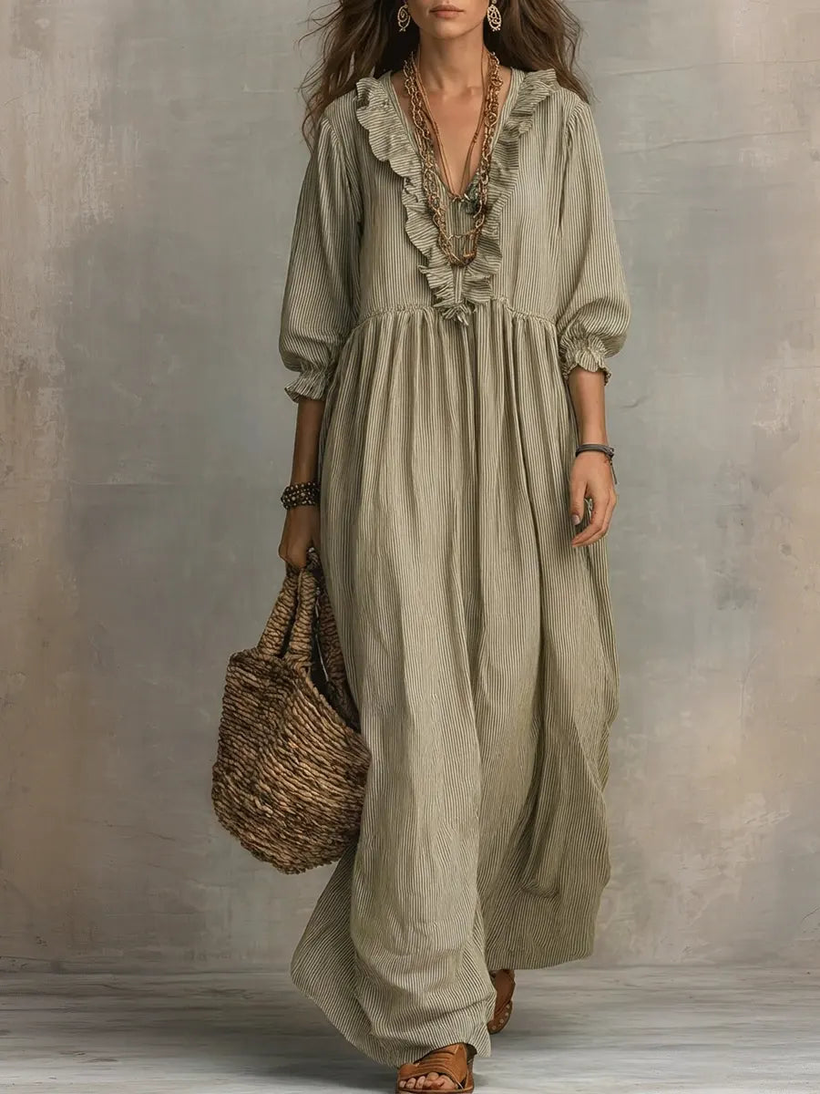 Women's Striped Maxi Dress - Casual Ruffled Vacation Dress
