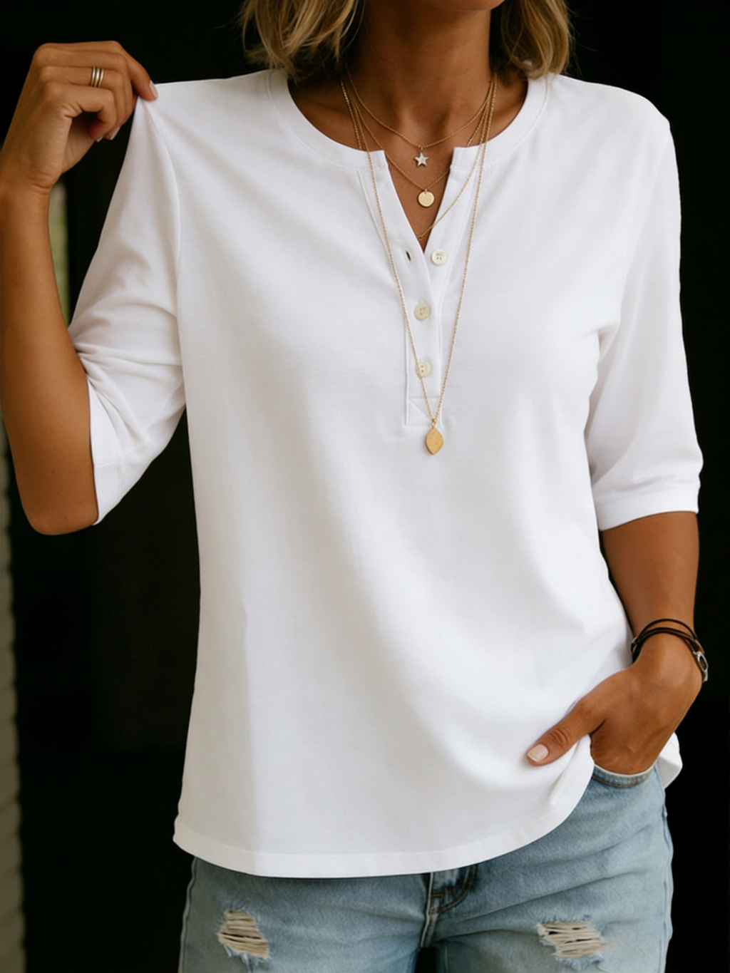 Women's Henley Cotton T-Shirt - Casual Everyday Summer Top