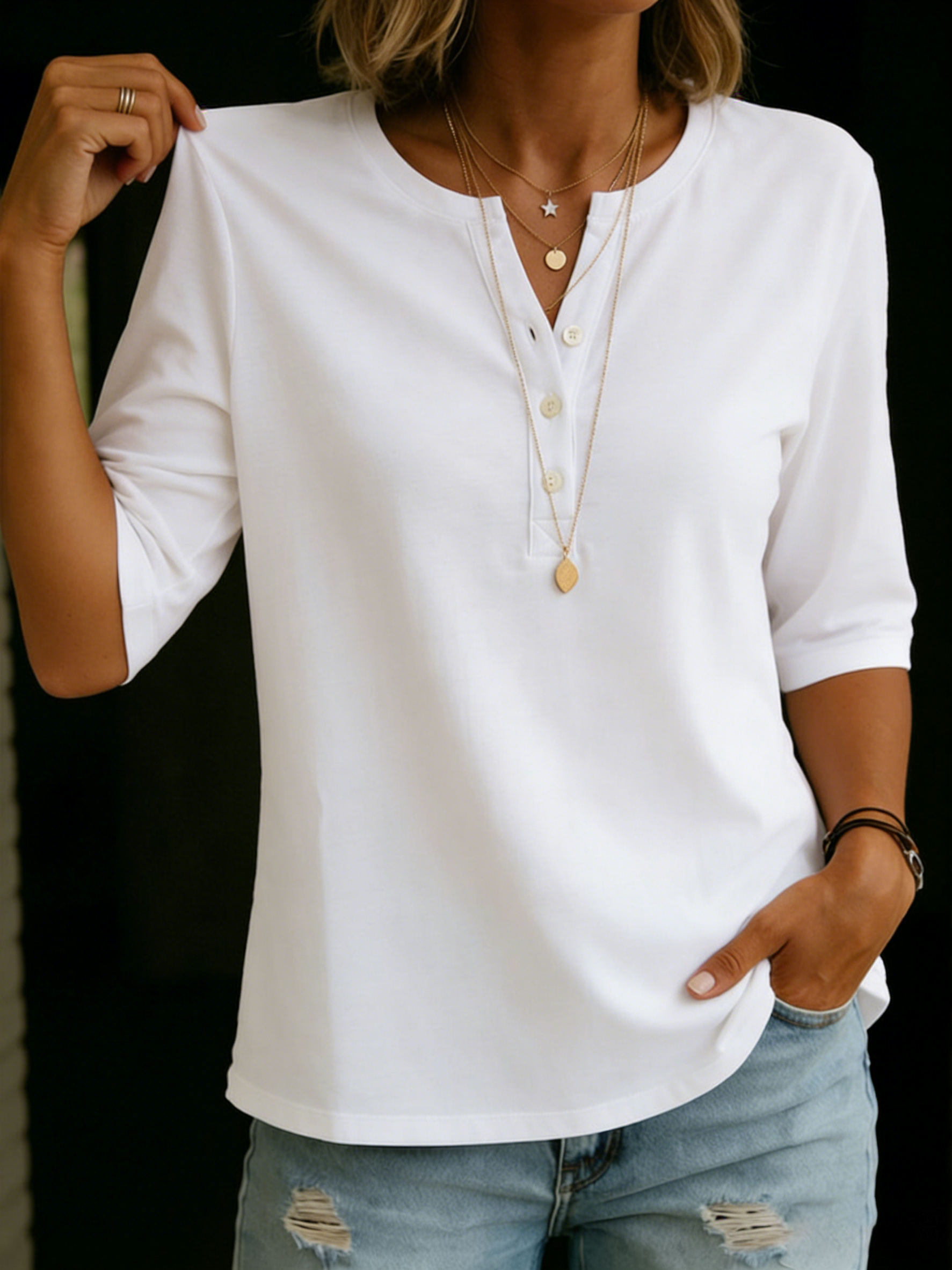 Women's Henley Cotton T-Shirt - Casual Everyday Summer Top