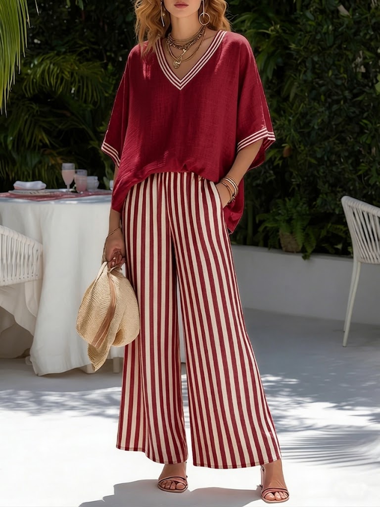 Women's Striped Linen Cotton Set - Casual Top and Trousers Outfit