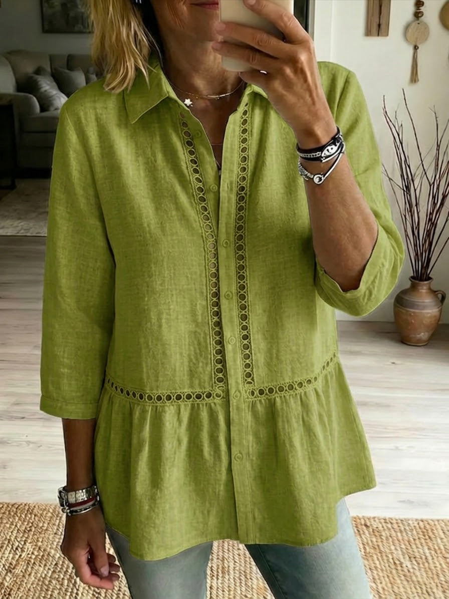 Women's Patchwork Linen Cotton Shirt - Casual Openwork Summer Blouse