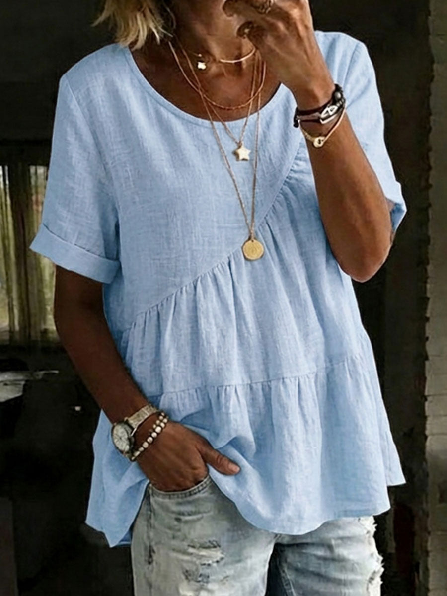 Women's Round Neck Cotton Linen Shirt - Casual Short Sleeve Top