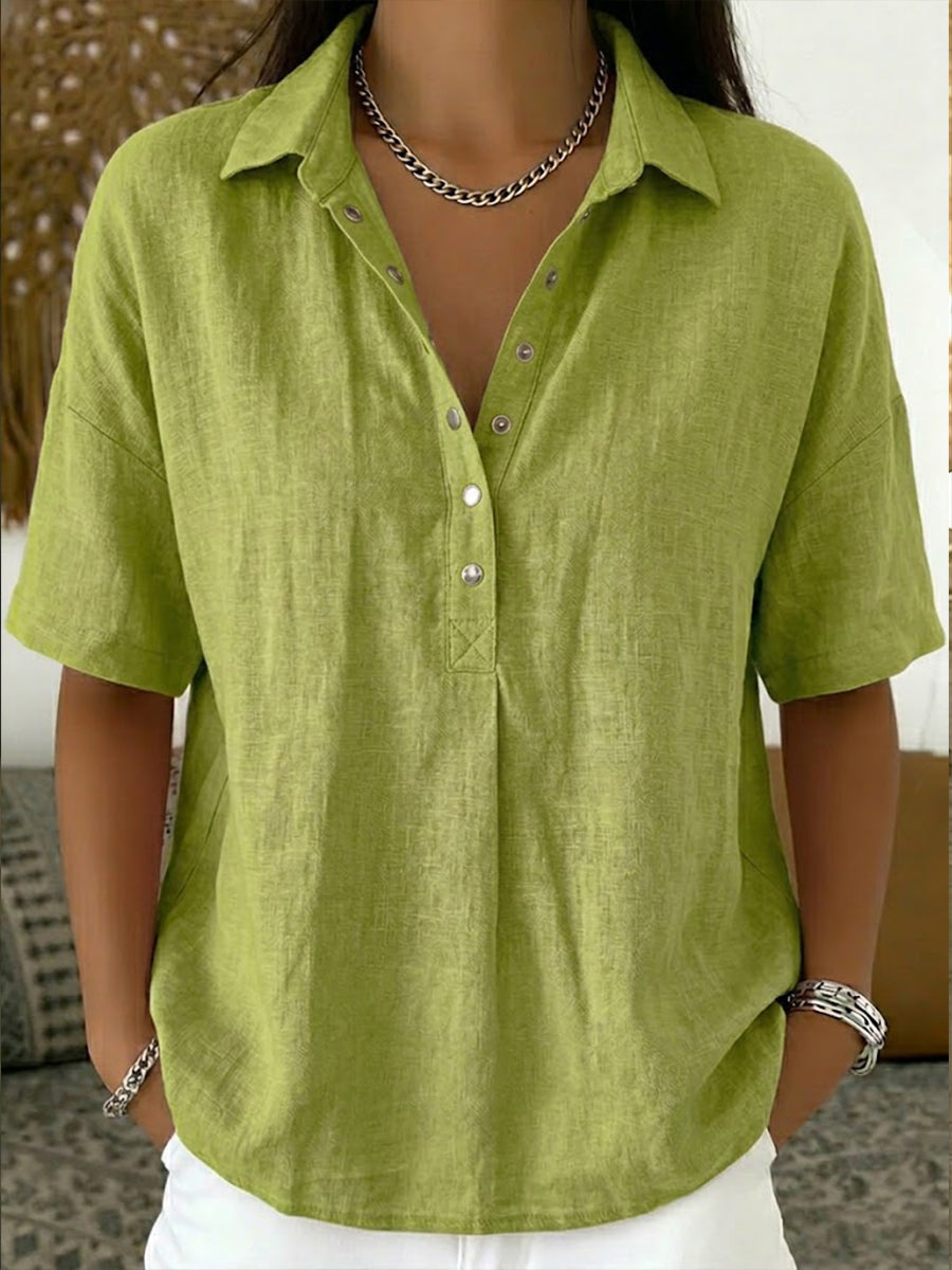 Women's Cotton Linen Polo Shirt - Casual Short Sleeve Summer Top