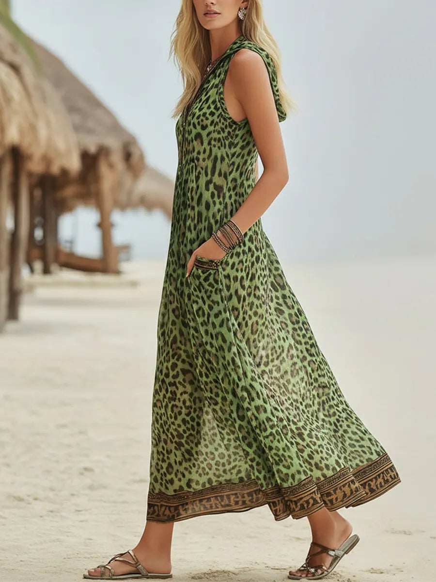 Women's Leopard Print Hooded Dress - Casual Midi Vacation Dress