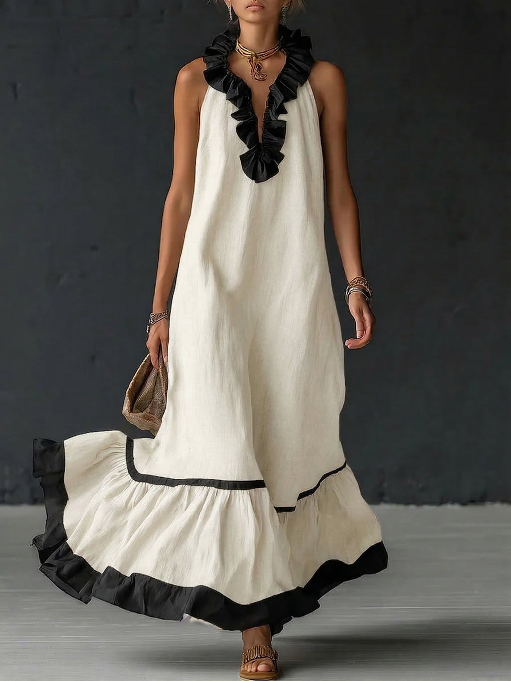 Women's Ruffled Color Block Maxi Dress - Elegant Romantic Summer Dress