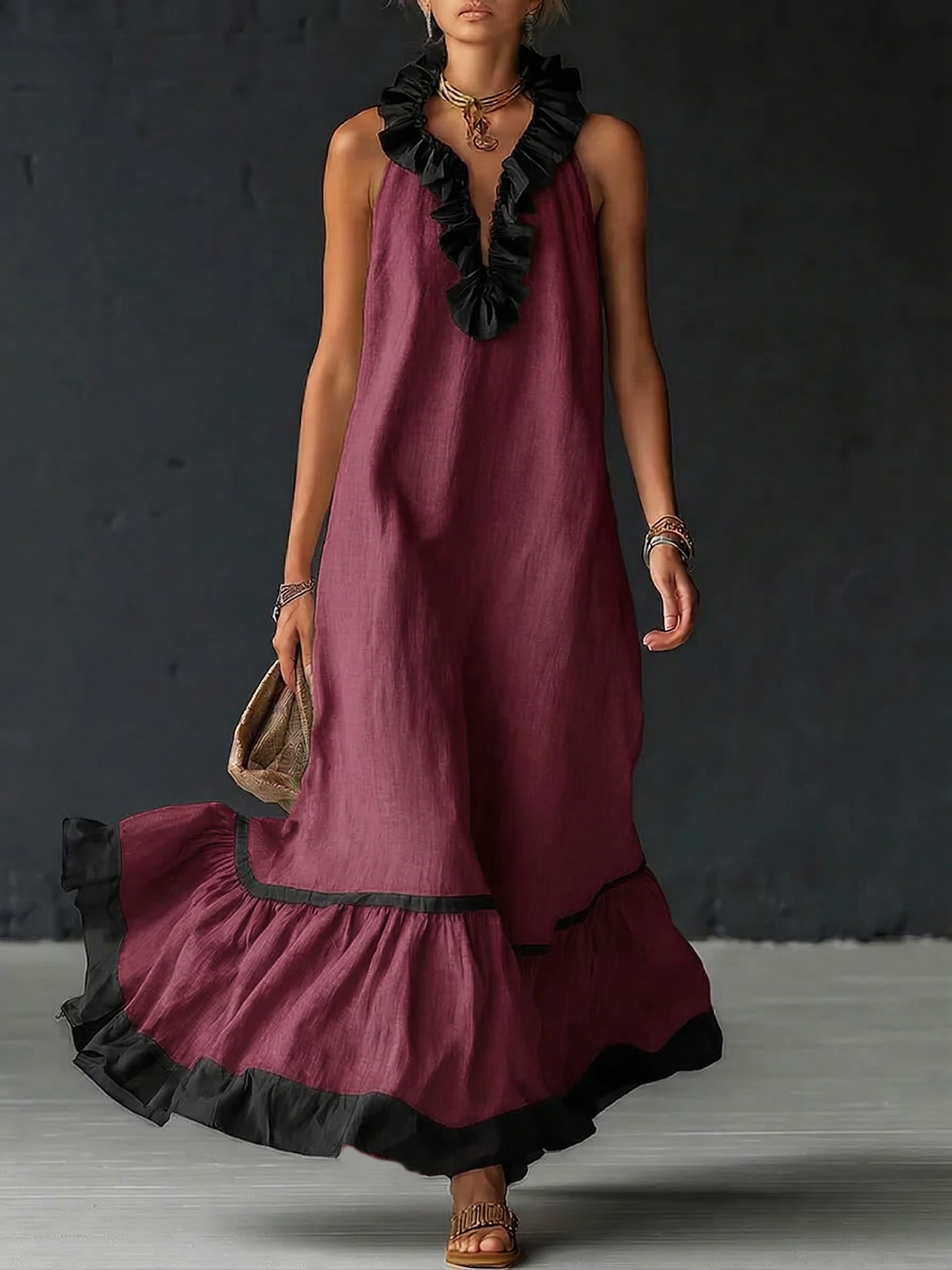 Women's Ruffled Color Block Maxi Dress - Elegant Romantic Summer Dress
