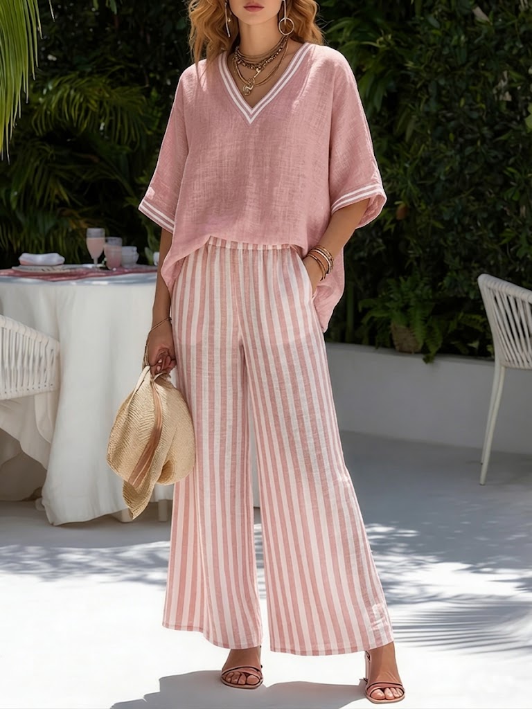 Women's Striped Linen Cotton Set - Casual Top and Trousers Outfit