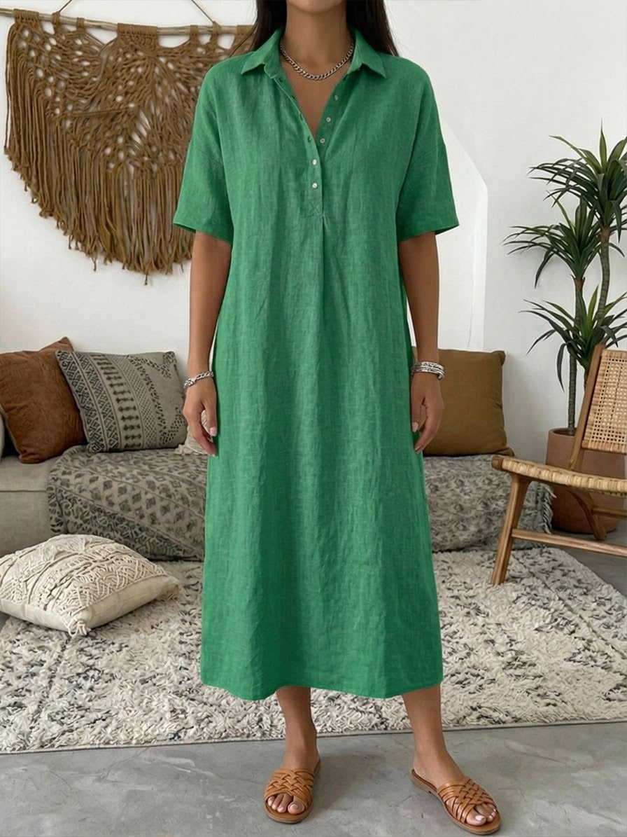 Women's Cotton Linen Polo Dress - Casual Short Sleeve Summer Dress