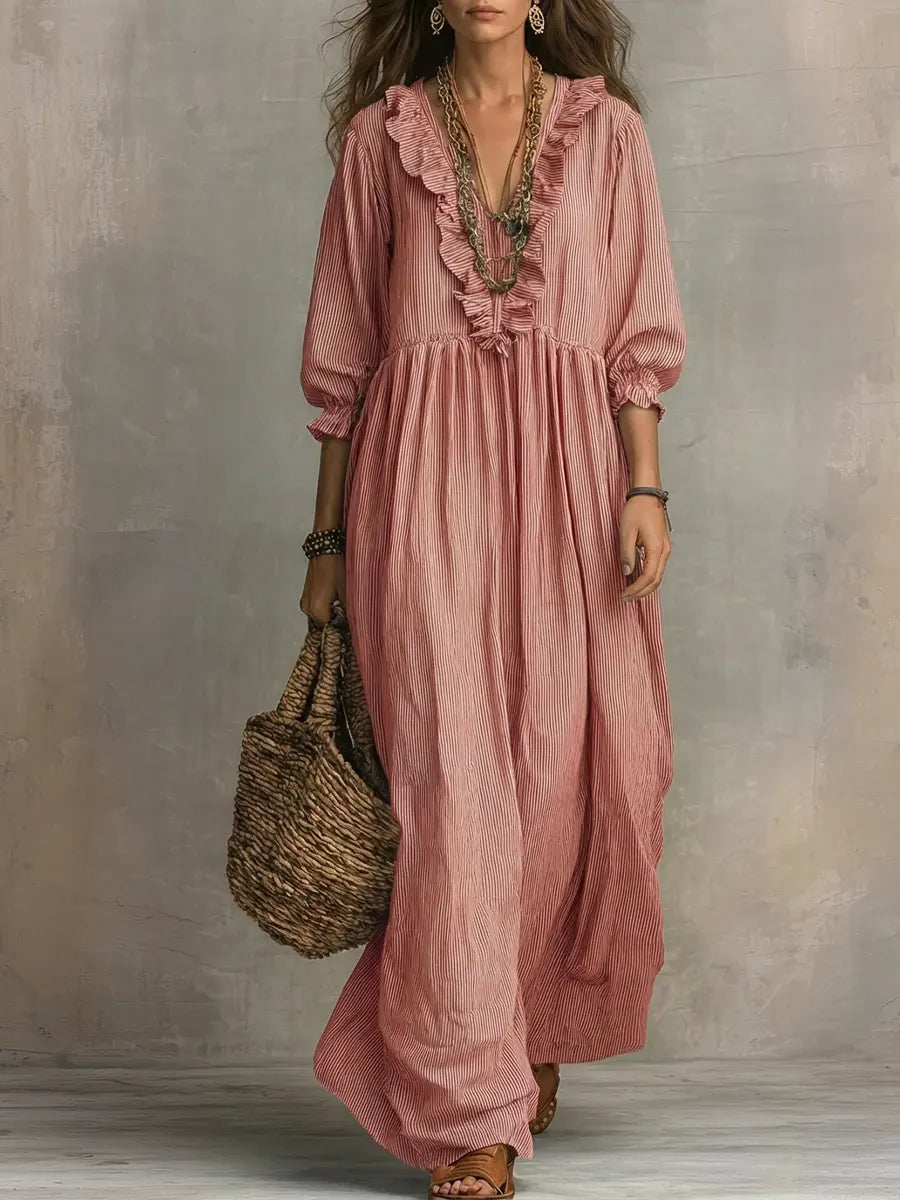 Women's Striped Maxi Dress - Casual Ruffled Vacation Dress