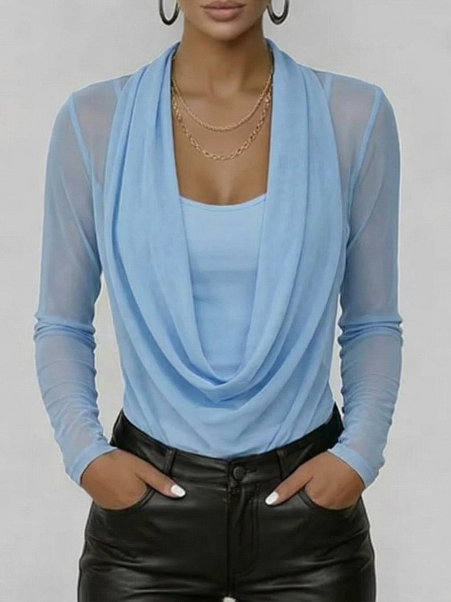 Women's Sheer Mesh Top - Casual Long Sleeve Swing Neck Blouse
