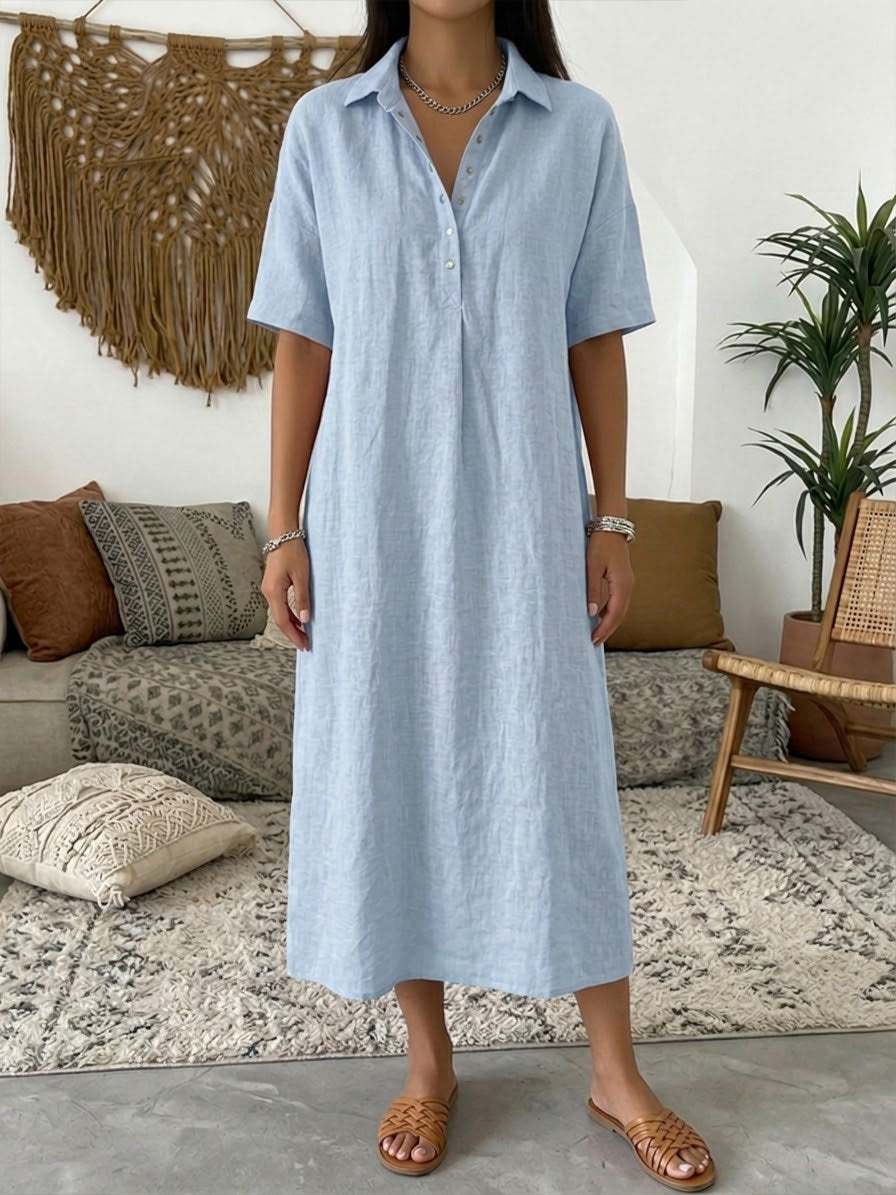 Women's Cotton Linen Polo Dress - Casual Short Sleeve Summer Dress