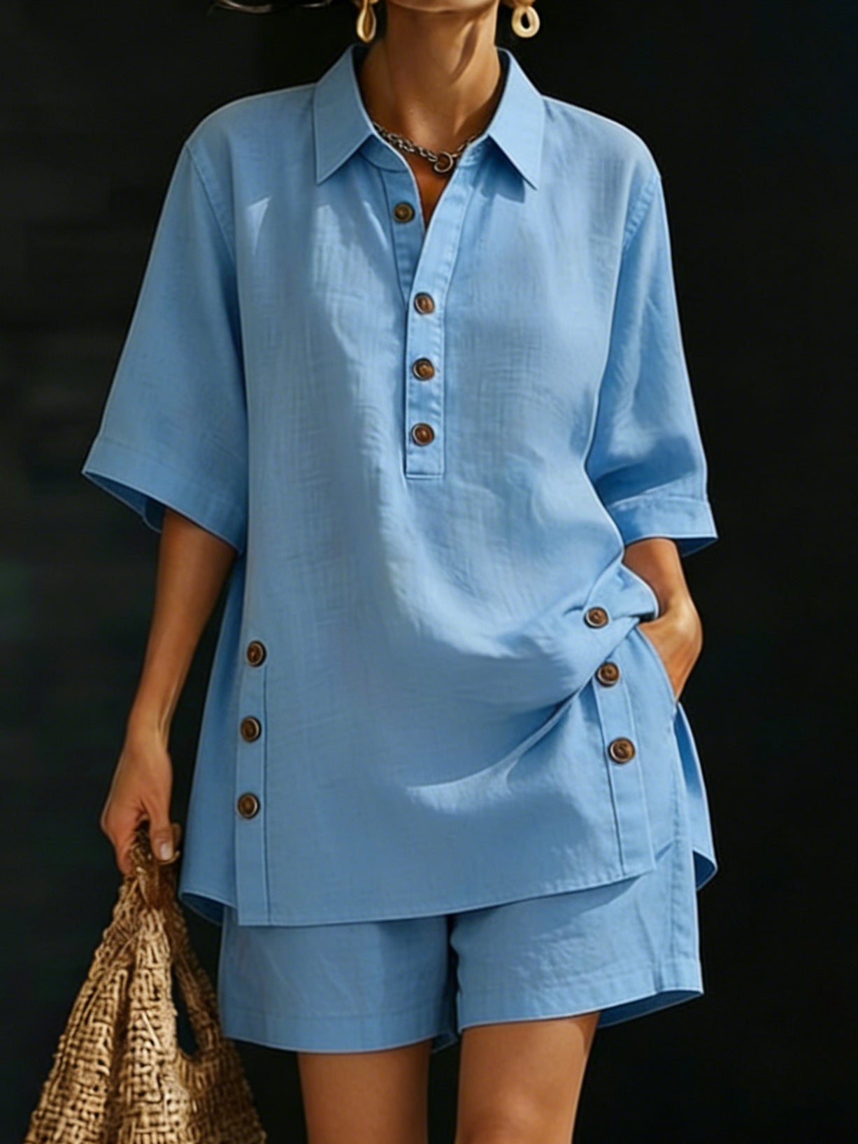Women's Linen Shirt and Shorts Set - Casual Button-Up Summer Outfit