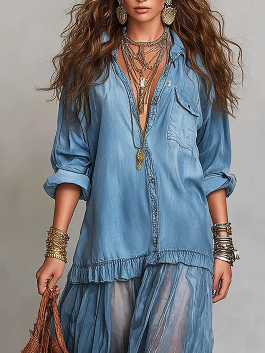 Women's Denim Patchwork Maxi Dress - Retro Organza Shirt Dress
