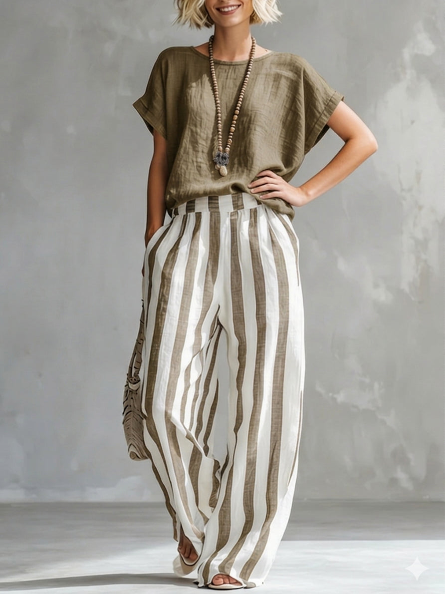 Women's Striped Cotton Linen Set - Casual Loose Two-Piece Outfit