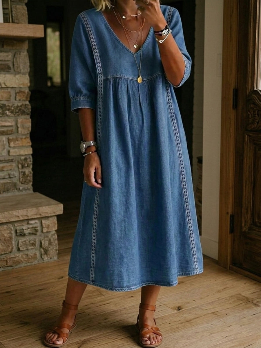 Women's Lace Trim Denim Dress - Casual Vintage Summer Dress