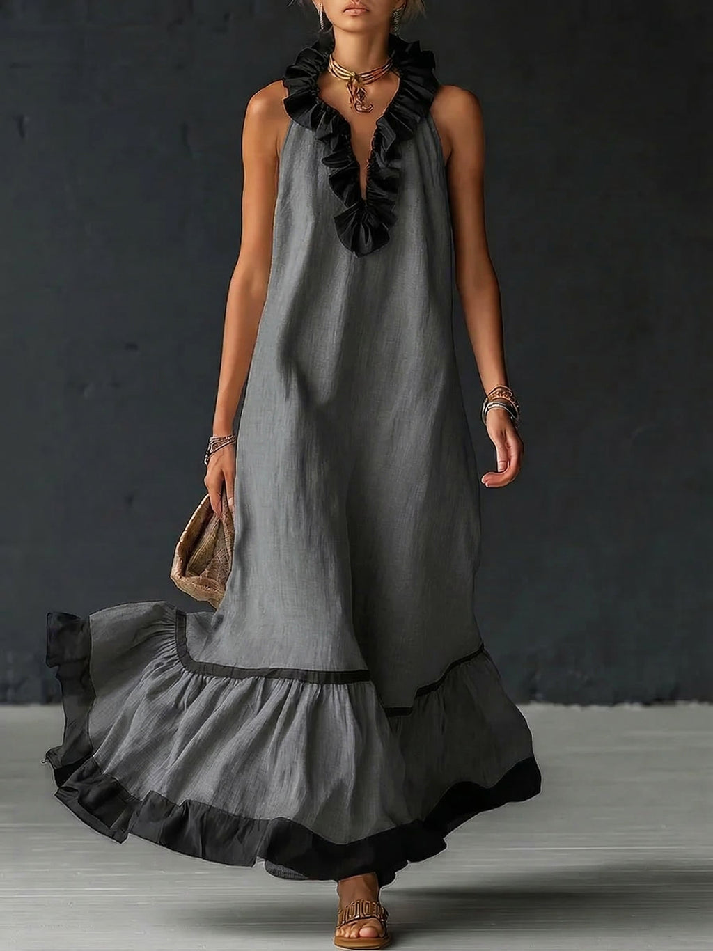 Women's Ruffled Color Block Maxi Dress - Elegant Romantic Summer Dress
