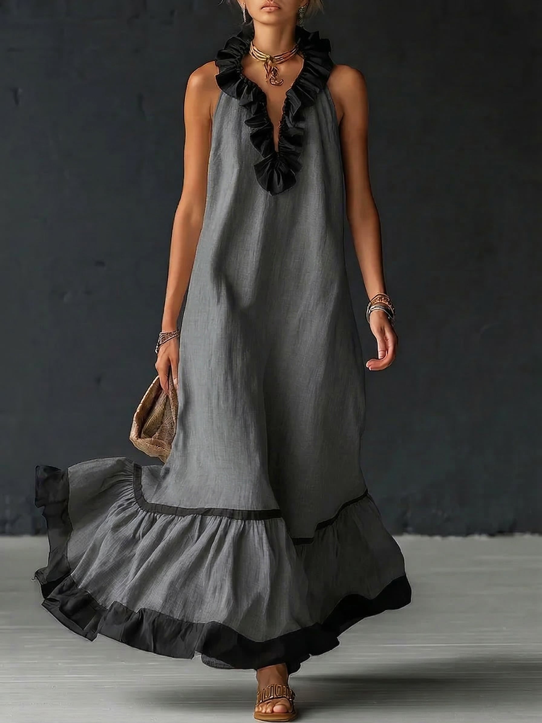 Women's Ruffled Color Block Maxi Dress - Elegant Romantic Summer Dress