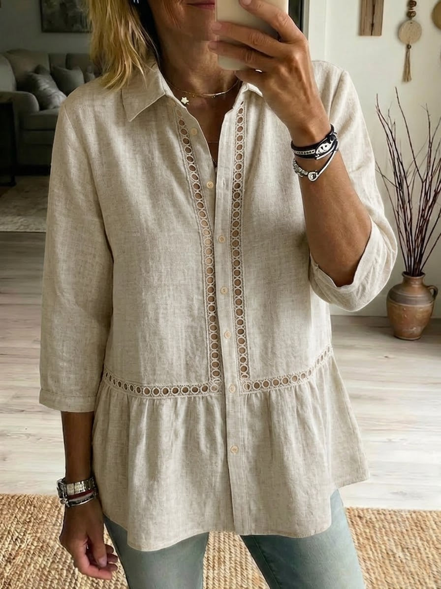 Women's Patchwork Linen Cotton Shirt - Casual Openwork Summer Blouse