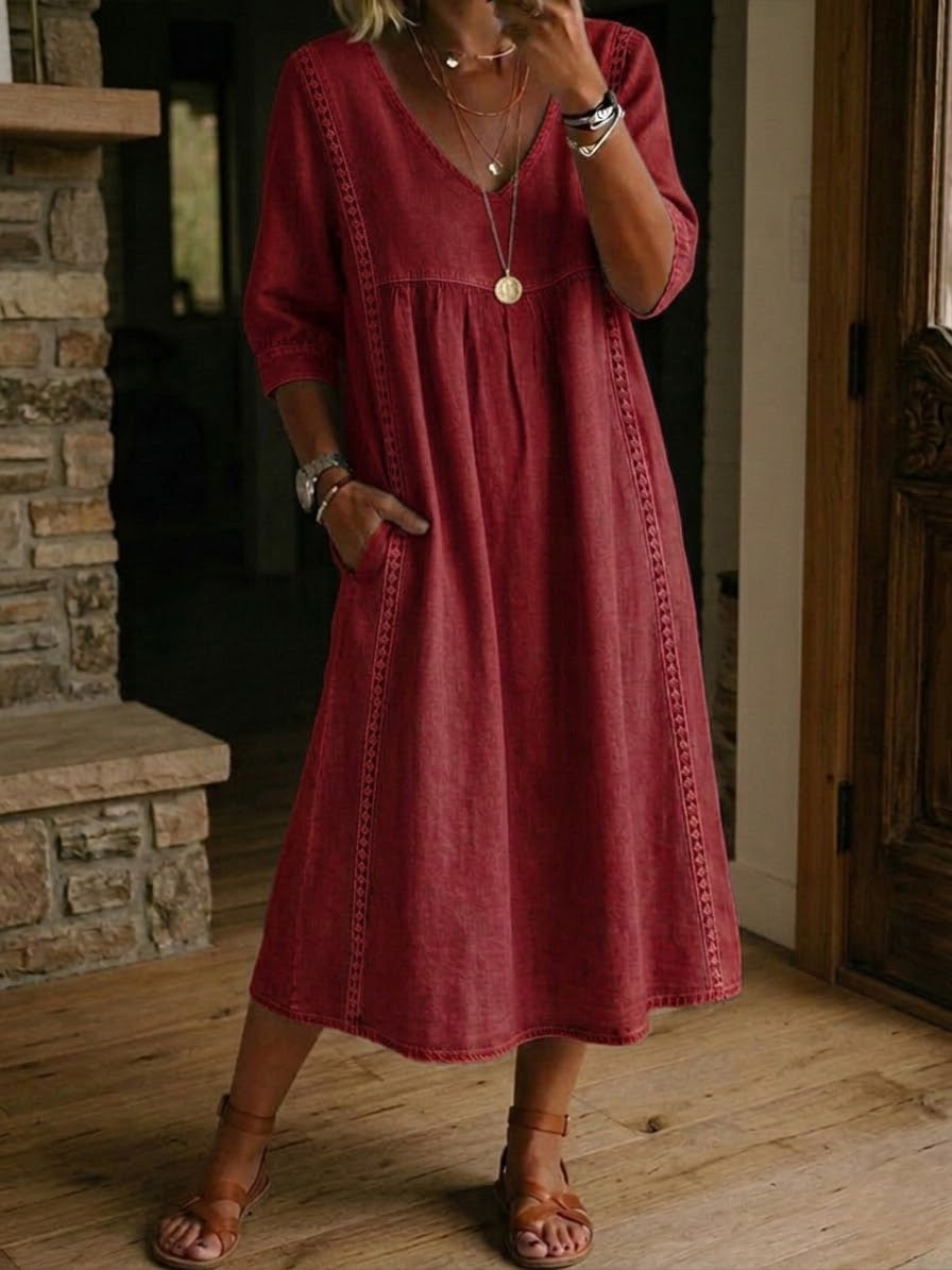 Women's Lace Trim Linen Cotton Dress - Casual Loose Summer Dress