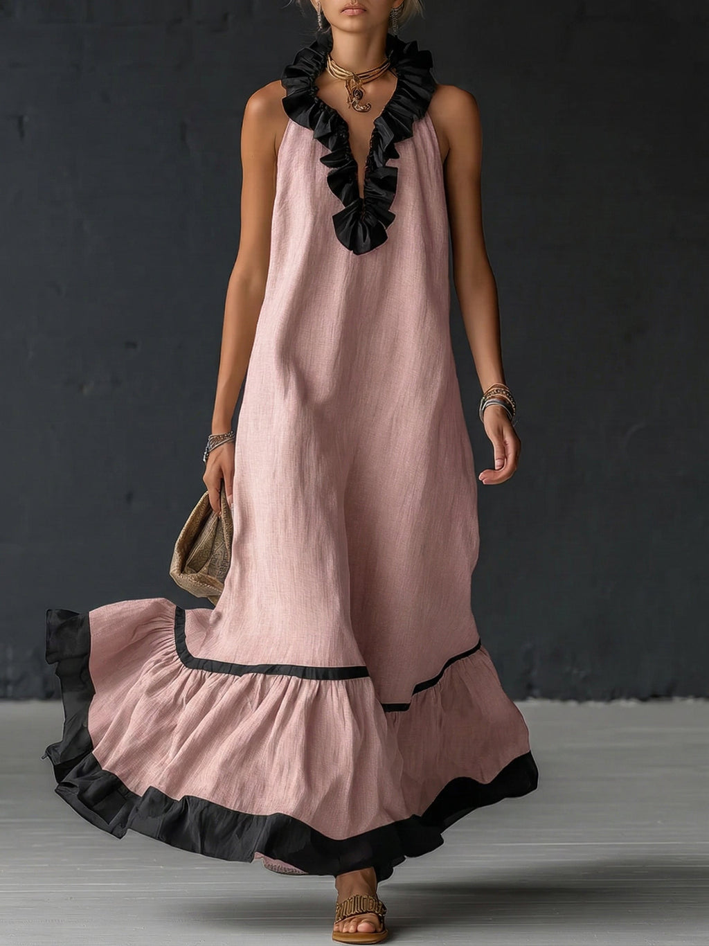 Women's Ruffled Color Block Maxi Dress - Elegant Romantic Summer Dress