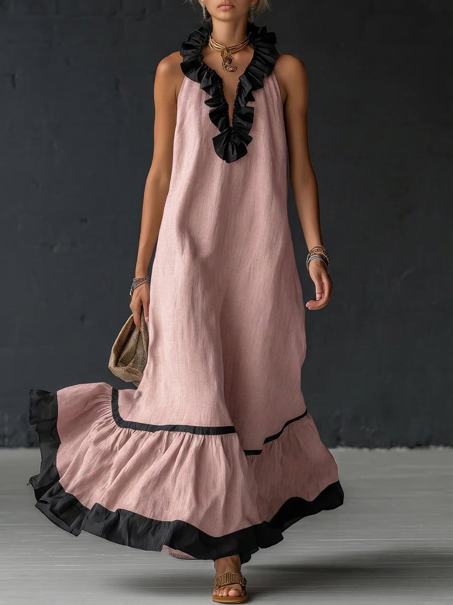 Women's Ruffled Color Block Maxi Dress - Elegant Romantic Summer Dress