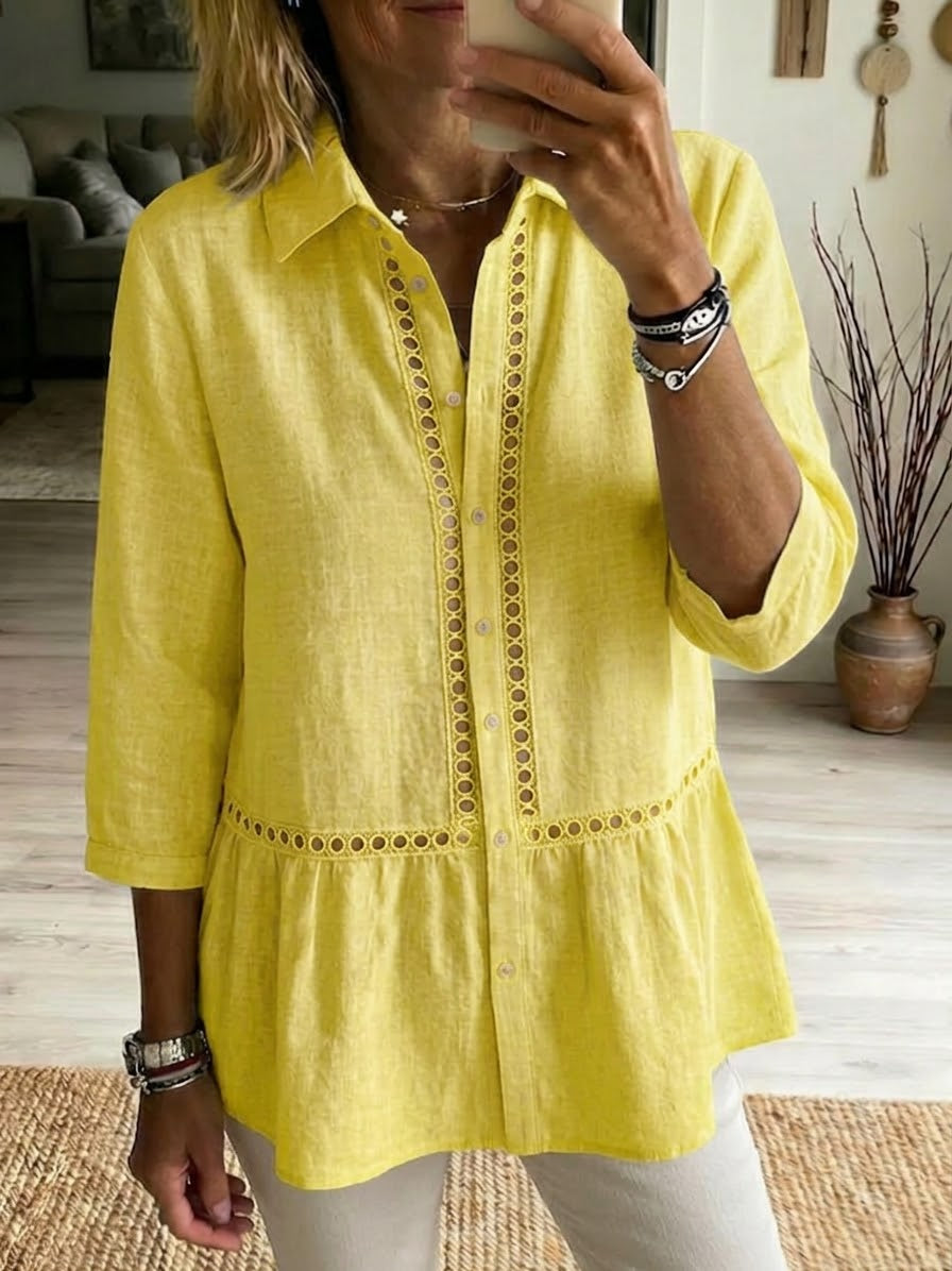Women's Patchwork Linen Cotton Shirt - Casual Openwork Summer Blouse