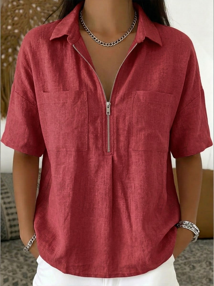 Women's Half-Zip Linen Cotton Shirt - Casual Summer Blouse