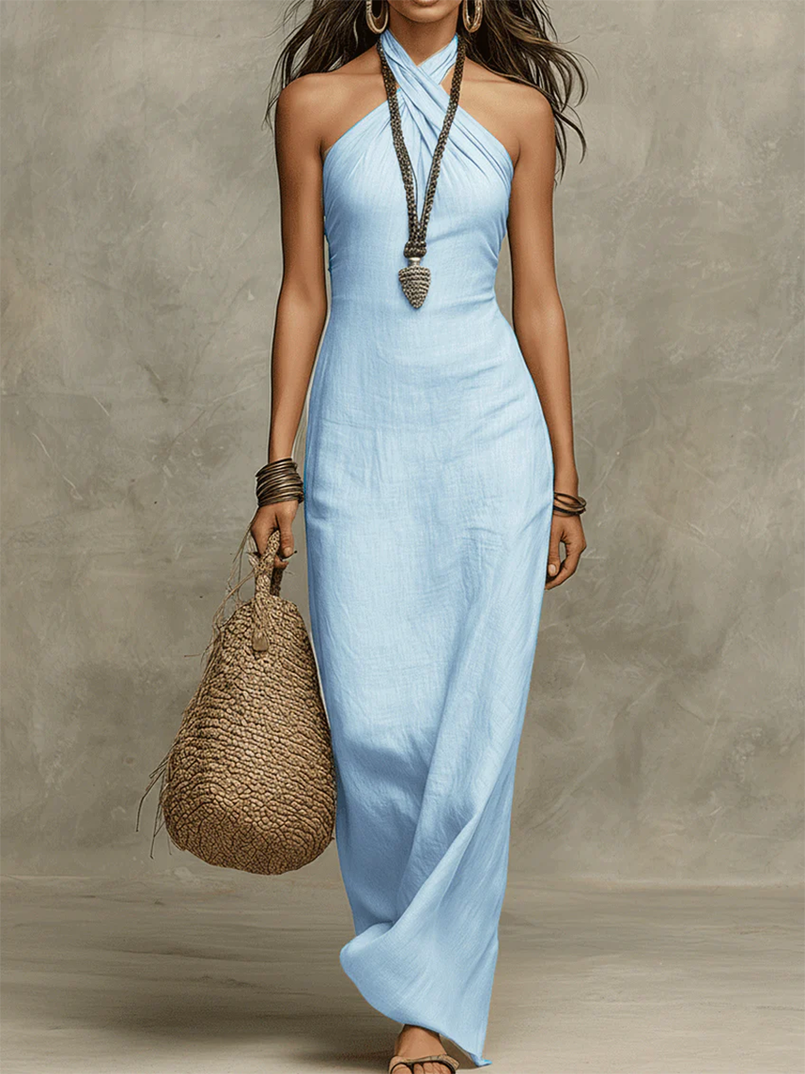 Women's Halter Neck Cotton Linen Maxi Dress - Elegant Summer Dress
