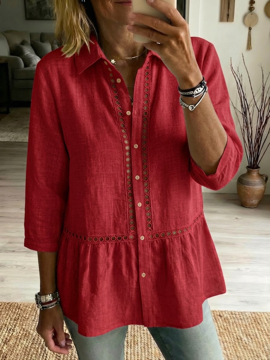 Women's Patchwork Linen Cotton Shirt - Casual Openwork Summer Blouse