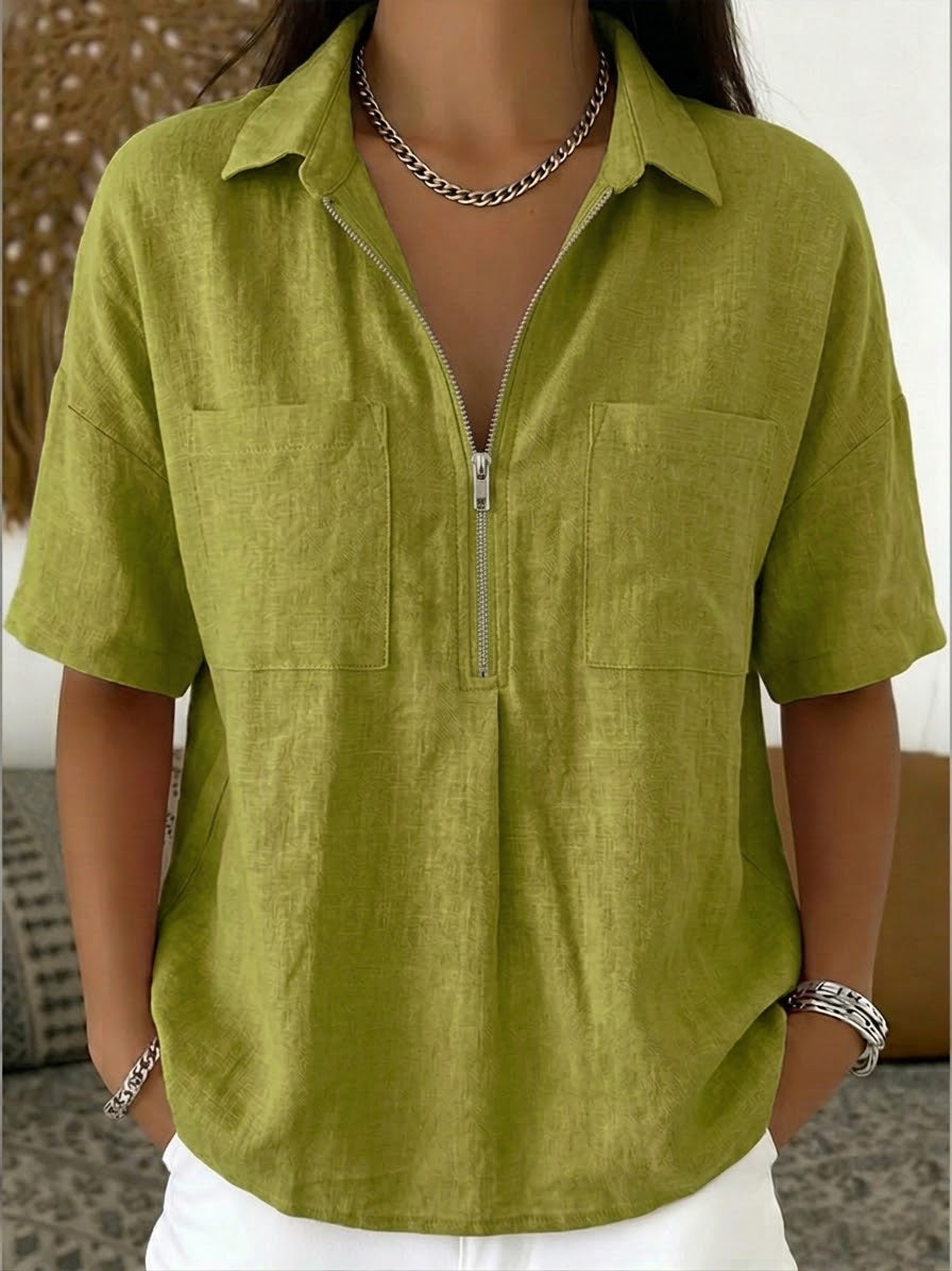 Women's Half-Zip Linen Cotton Shirt - Casual Summer Blouse
