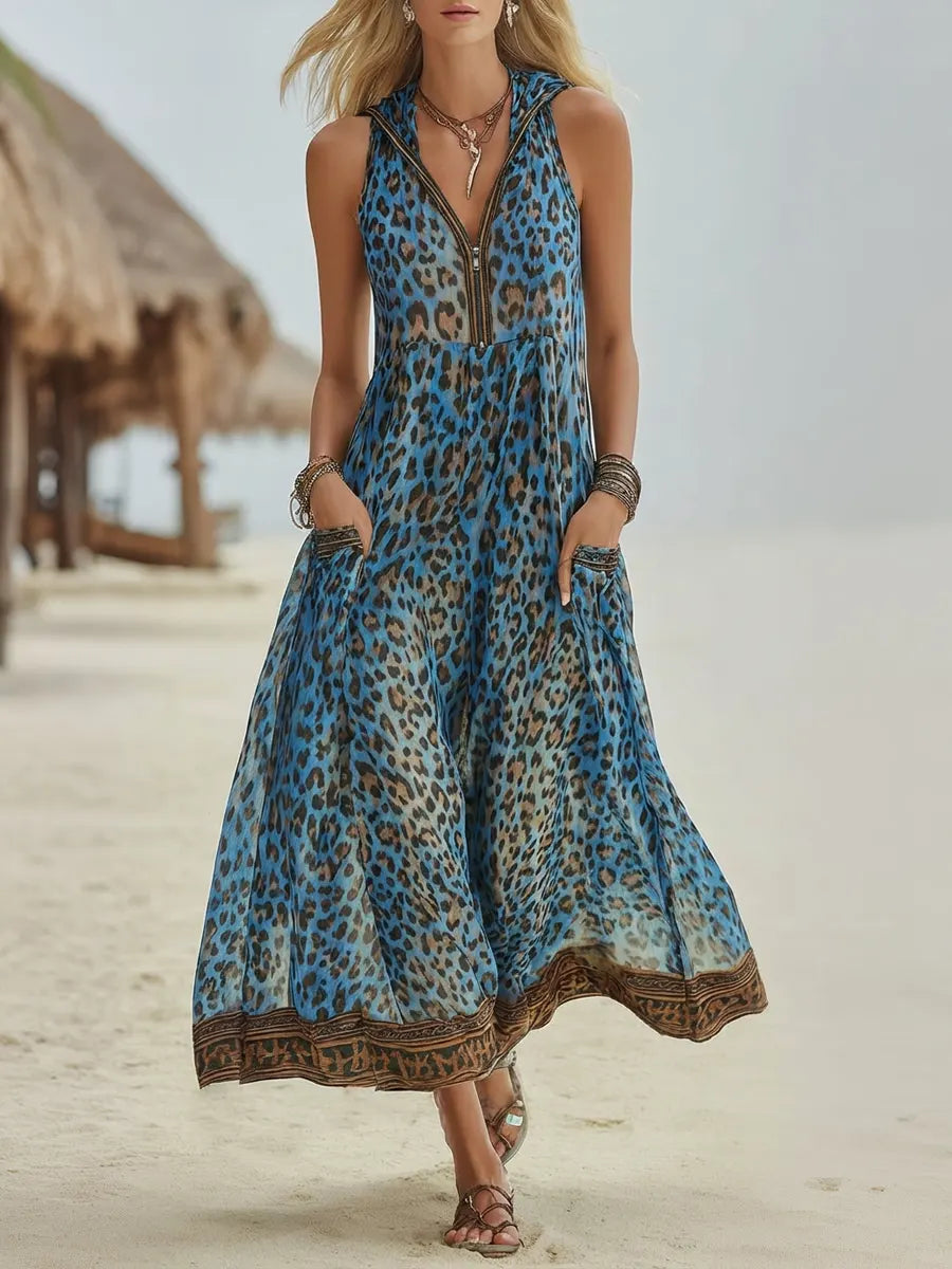 Women's Leopard Print Hooded Dress - Casual Midi Vacation Dress