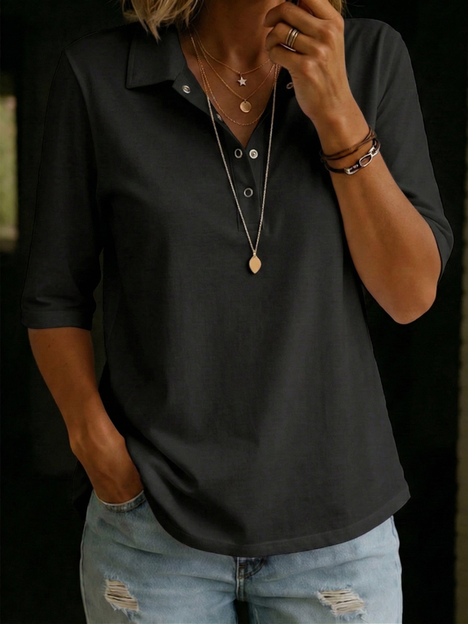 Women's Polo Collar Cotton T-Shirt - Casual Half Sleeve Summer Top