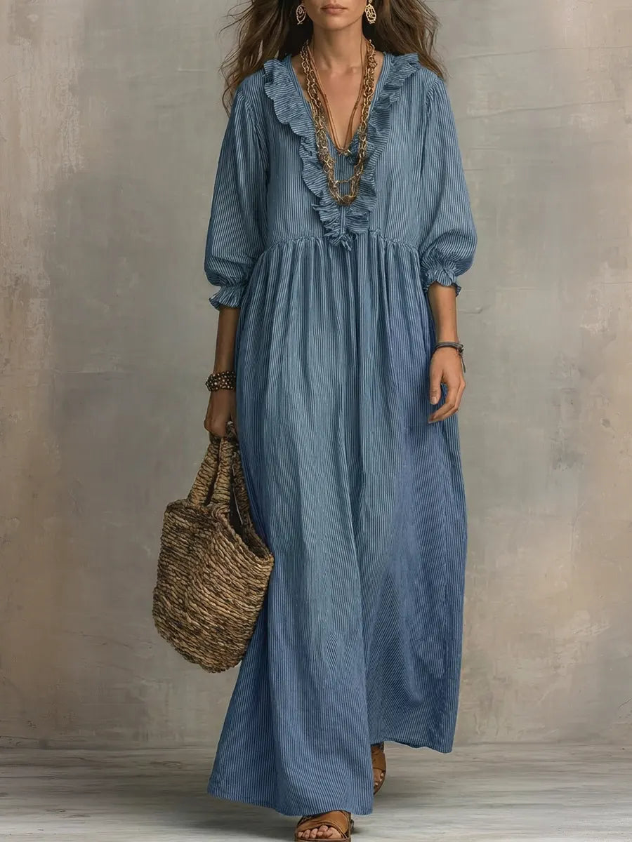 Women's Striped Maxi Dress - Casual Ruffled Vacation Dress