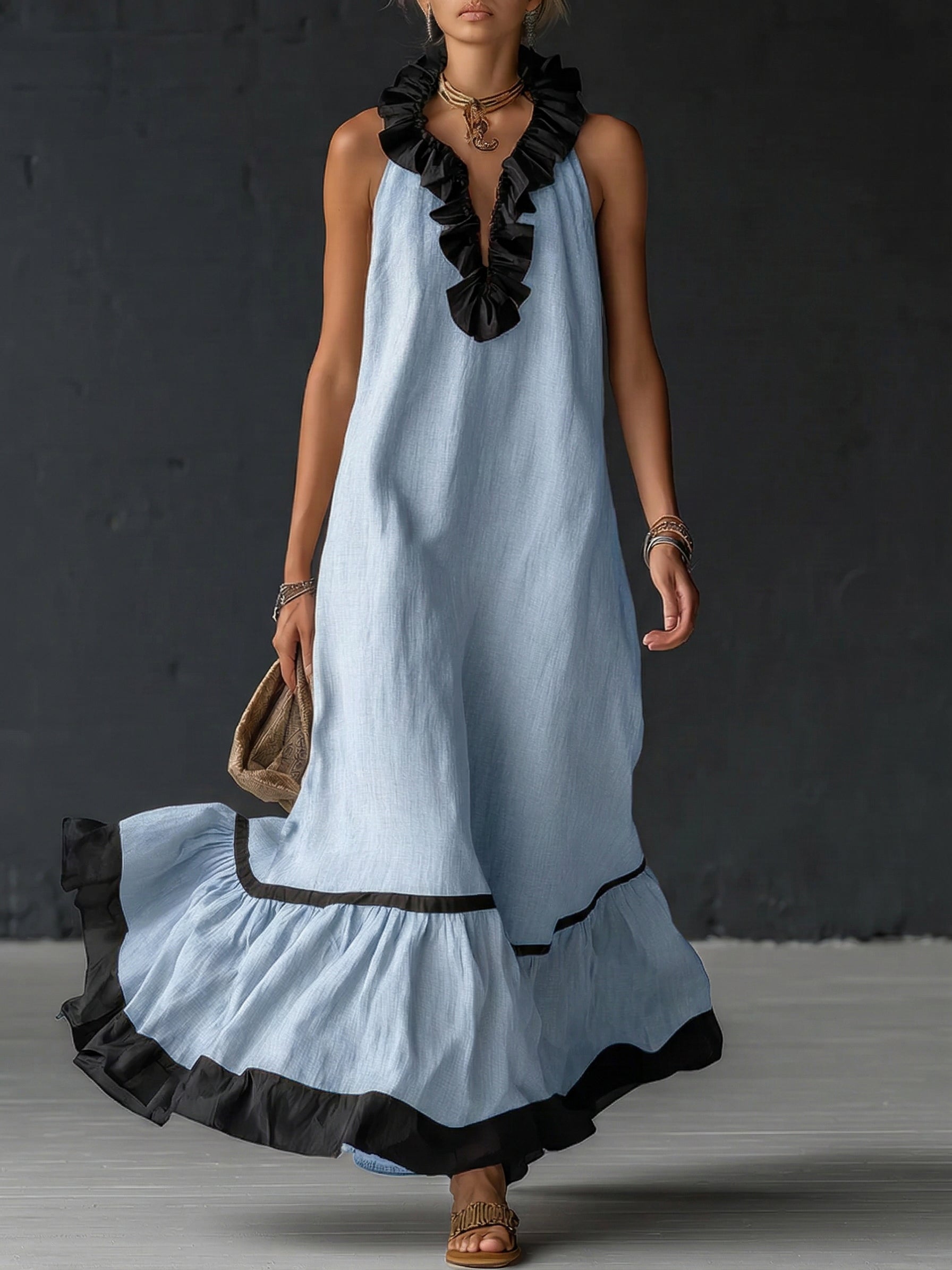 Women's Ruffled Color Block Maxi Dress - Elegant Romantic Summer Dress