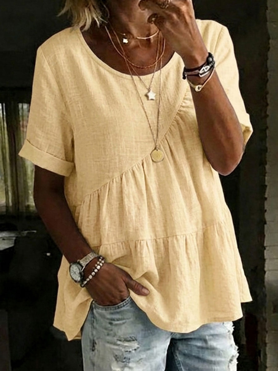 Women's Round Neck Cotton Linen Shirt - Casual Short Sleeve Top