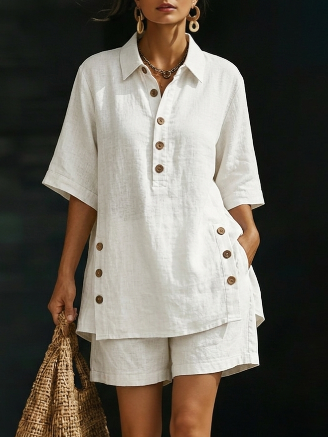 Women's Linen Shirt and Shorts Set - Casual Button-Up Summer Outfit
