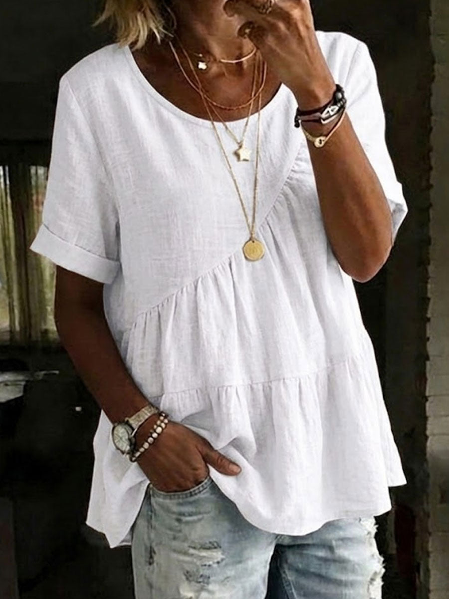 Women's Round Neck Cotton Linen Shirt - Casual Short Sleeve Top