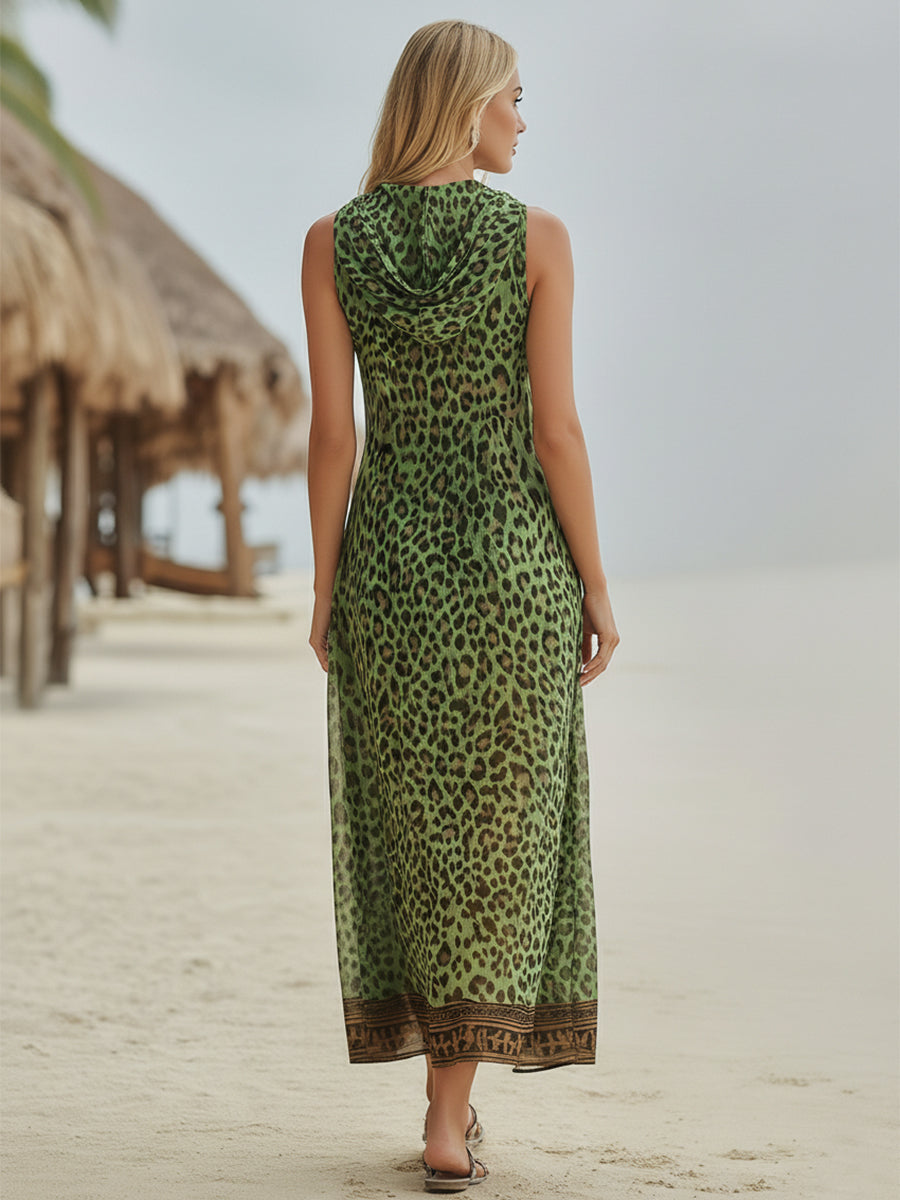 Women's Leopard Print Hooded Dress - Casual Midi Vacation Dress