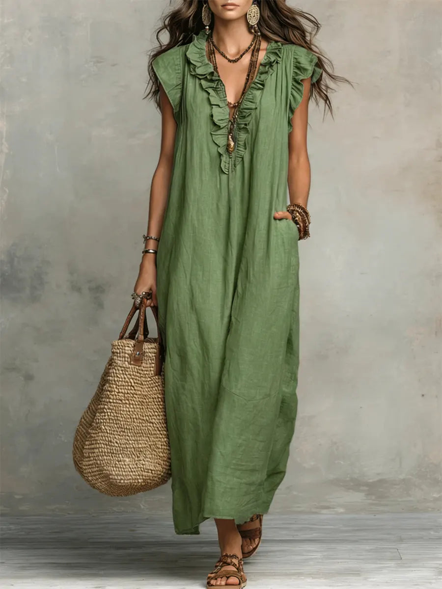 Women's Ruffled Cotton Linen Dress - Casual Summer Dress