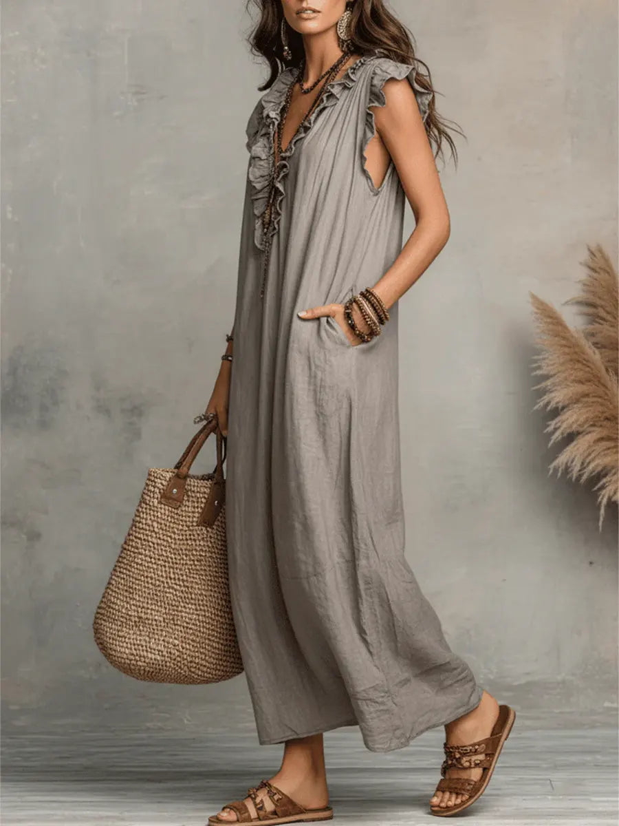 Women's Ruffled Cotton Linen Dress - Casual Summer Dress