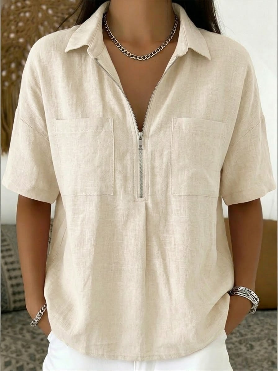 Women's Half-Zip Linen Cotton Shirt - Casual Summer Blouse