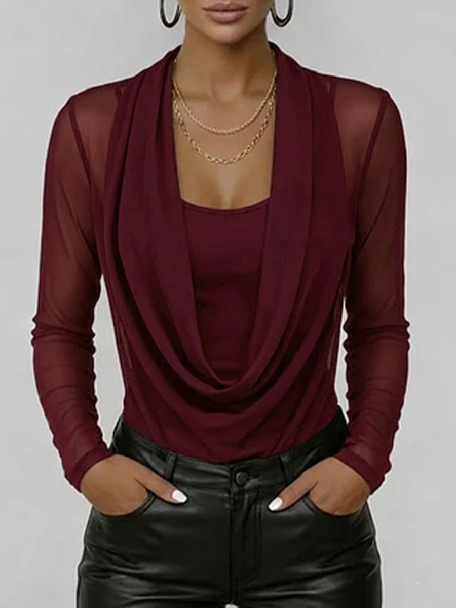 Women's Sheer Mesh Top - Casual Long Sleeve Swing Neck Blouse
