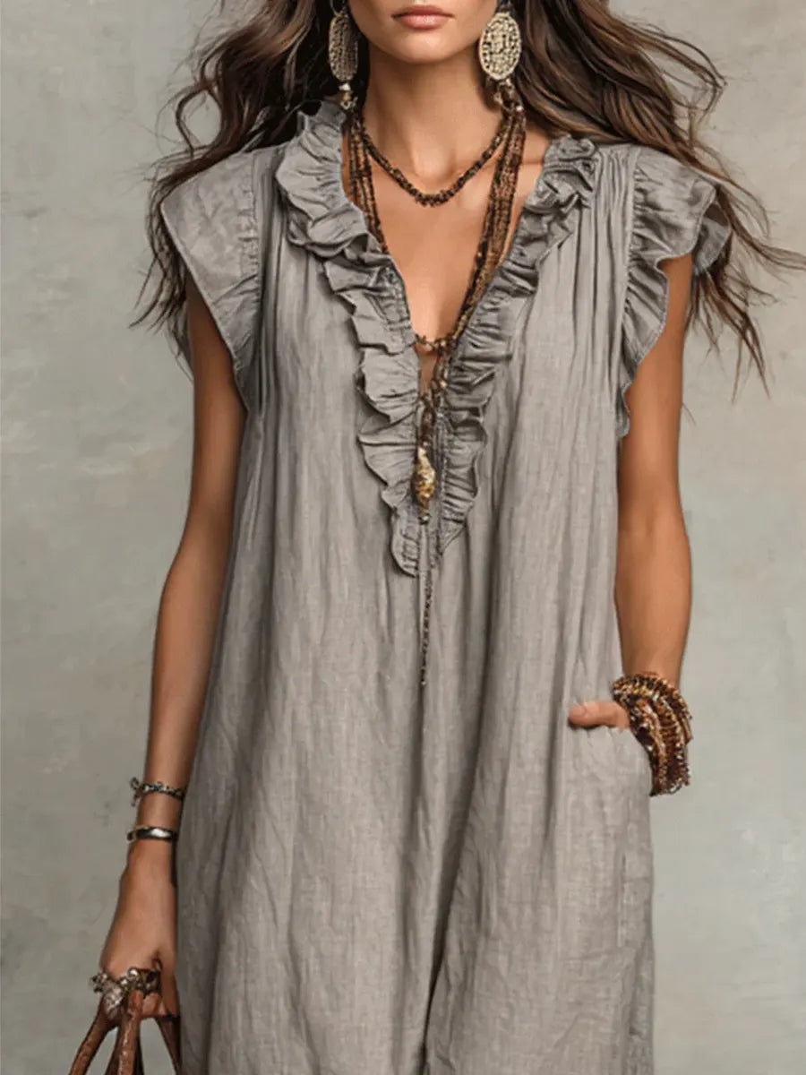 Women's Ruffled Cotton Linen Dress - Casual Summer Dress