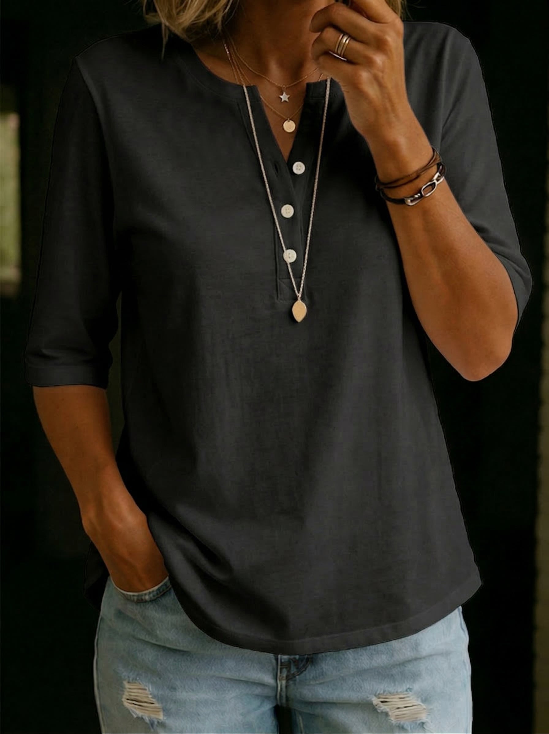 Women's Henley Cotton T-Shirt - Casual Everyday Summer Top